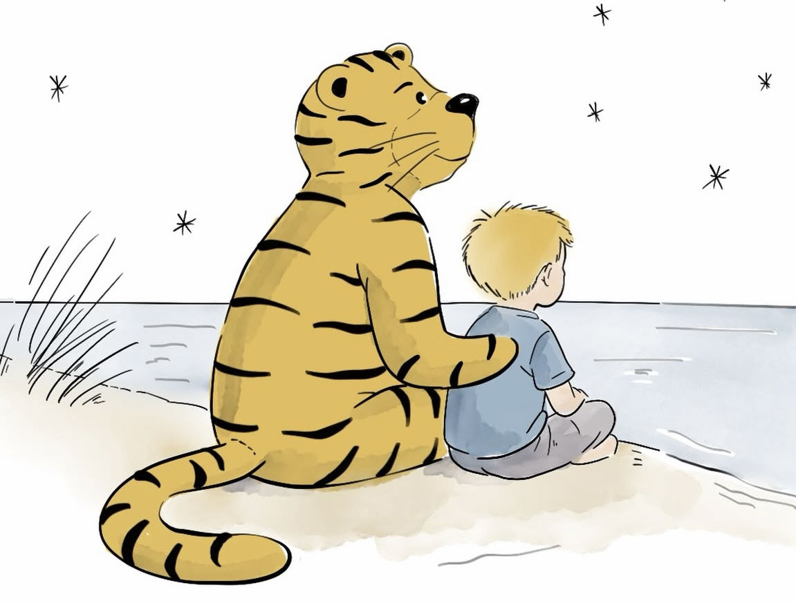 Trauriges Kind lehnt sich an den Trost-Tiger