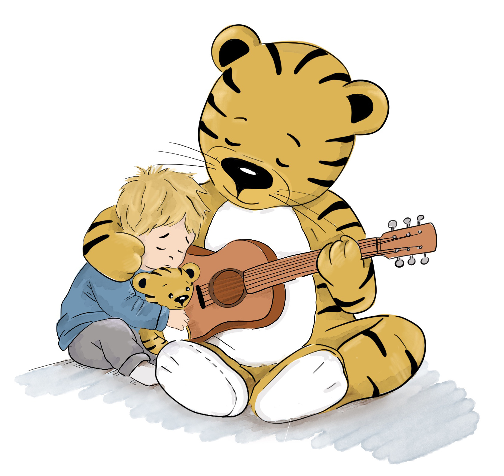Trost-Tiger spielt Gitarre für ein Kind
